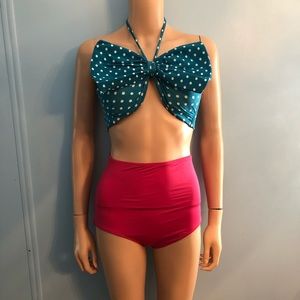 Aqua Polk-a-dots and pink 2 piece swim suit